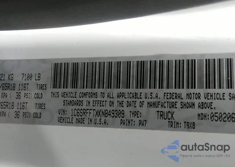 2019 Ram 1500 Big Horn/Lone Star 4X4 5'7 Box из США, поврежденный, VIN 1C6SRFFTXKN849309